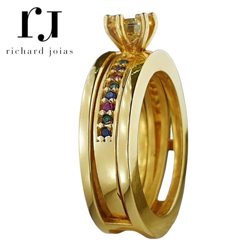 ALIANÇA DE MOEDA BVL QUADRADA S/ ESCRITA C/ ANEL SOLITÁRIO COLORIDO 19 PEDRAS ALTERA COR DA PEDRA CENTRAL