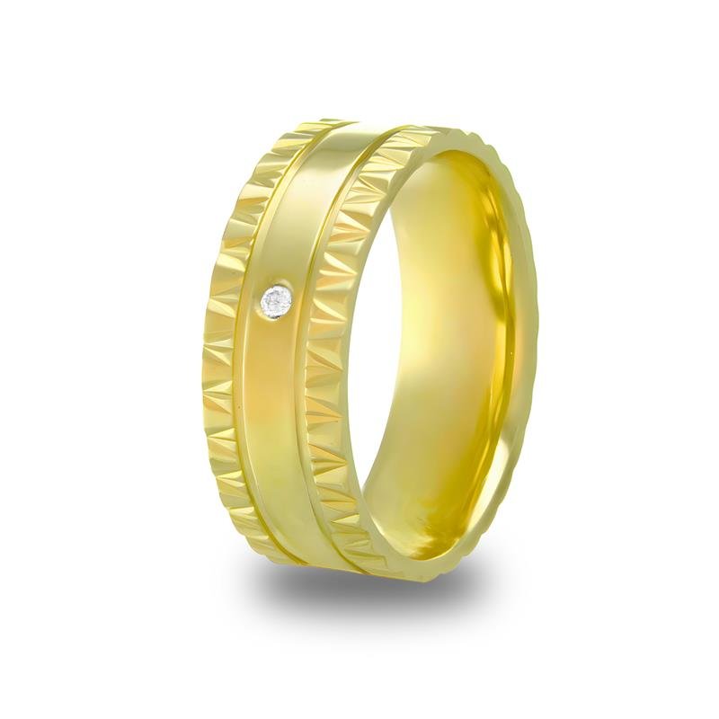 ALIANÇA DE MOEDA 8MM /SEMI-ANATÔMICA TRABALHADADA COM 2 FRISOS / C 1 PEDRA CENTRAL