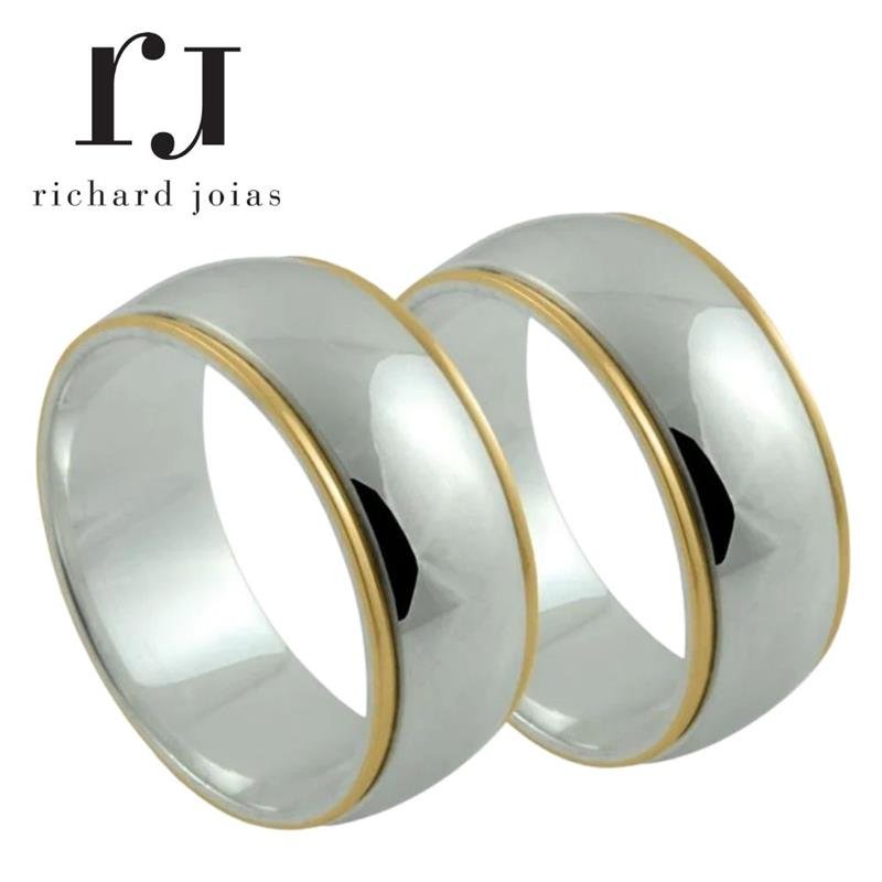 ALIANÇA DE PRATA C/FILETE DE OURO 10KL 8MM ABAULADA