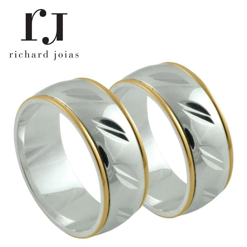 ALIANÇA DE PRATA C/FILETE DE OURO 10KL 8MM TRABALHADA