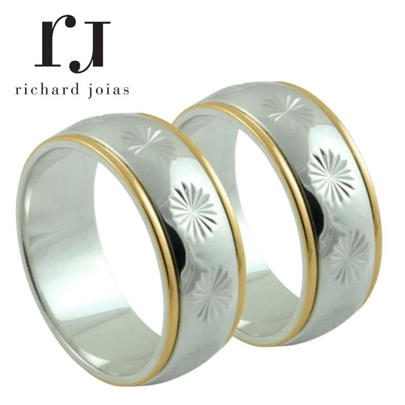 ALIANÇA DE PRATA C/FILETE DE OURO 10KL 8MM TRABALHADA