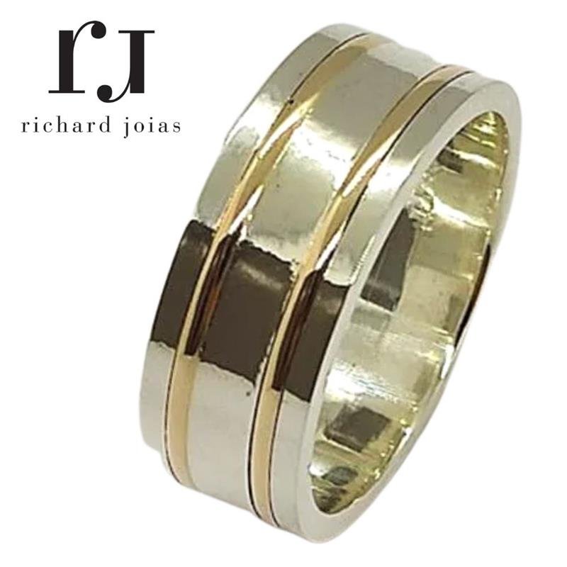 ALIANÇA DE PRATA C/FILETE DE OURO 10KL 8MM QUADRADA