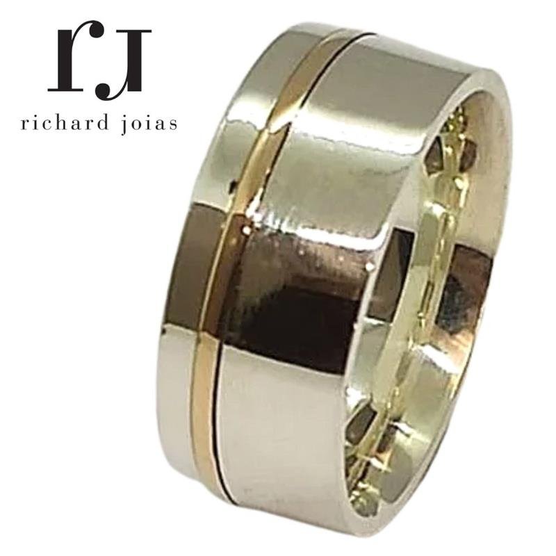 ALIANÇA DE PRATA C/FILETE DE OURO 10KL 8MM *ANATÔMICA QUADRADA