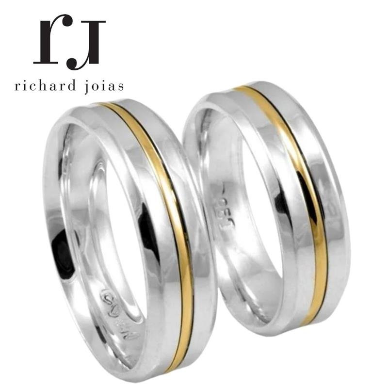 ALIANÇA DE PRATA C/FILETE DE OURO 10KL 6MM *ANATÔMICA CONCAVA