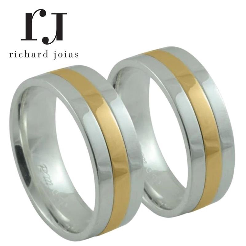 ALIANÇA DE PRATA C/FILETE DE OURO 10KL 7,0MM *ANATÔMICA TRABALHADA