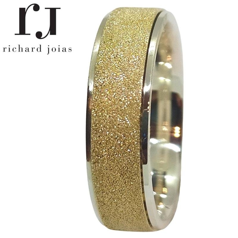 ALIANÇA DE PRATA C/CHAPA DE OURO 10K 6,0MM *ANATOMICA QUADRADA DIAMANTADA