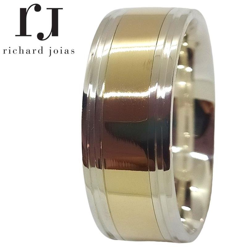 ALIANÇA DE PRATA C/CHAPA DE OURO 10K 8,0MM *ANATÔMICA QUADRADA