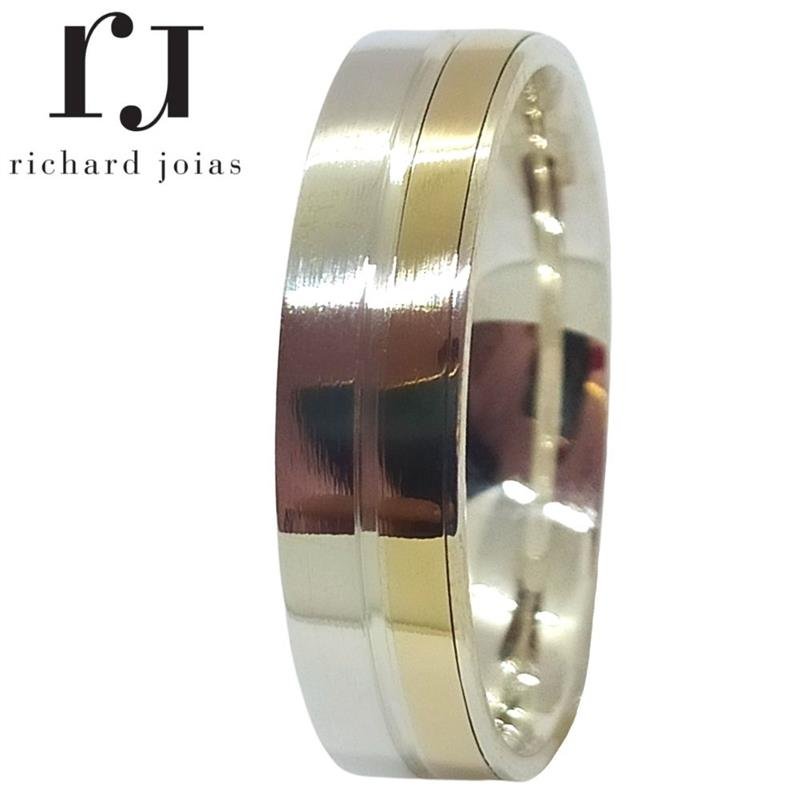 ALIANÇA DE PRATA C/CHAPA DE OURO 10K 5MM *ANATÔMICA QUADRADA