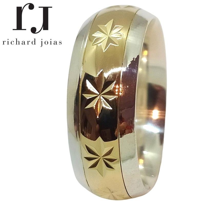 ALIANÇA DE PRATA C/CHAPA DE OURO 10K 8,0MM *ANATOMICA TRABALHADA