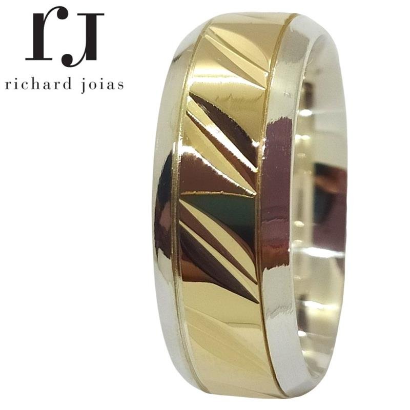 ALIANÇA DE PRATA C/CHAPA DE OURO 10K 8,0MM TRABALHADA