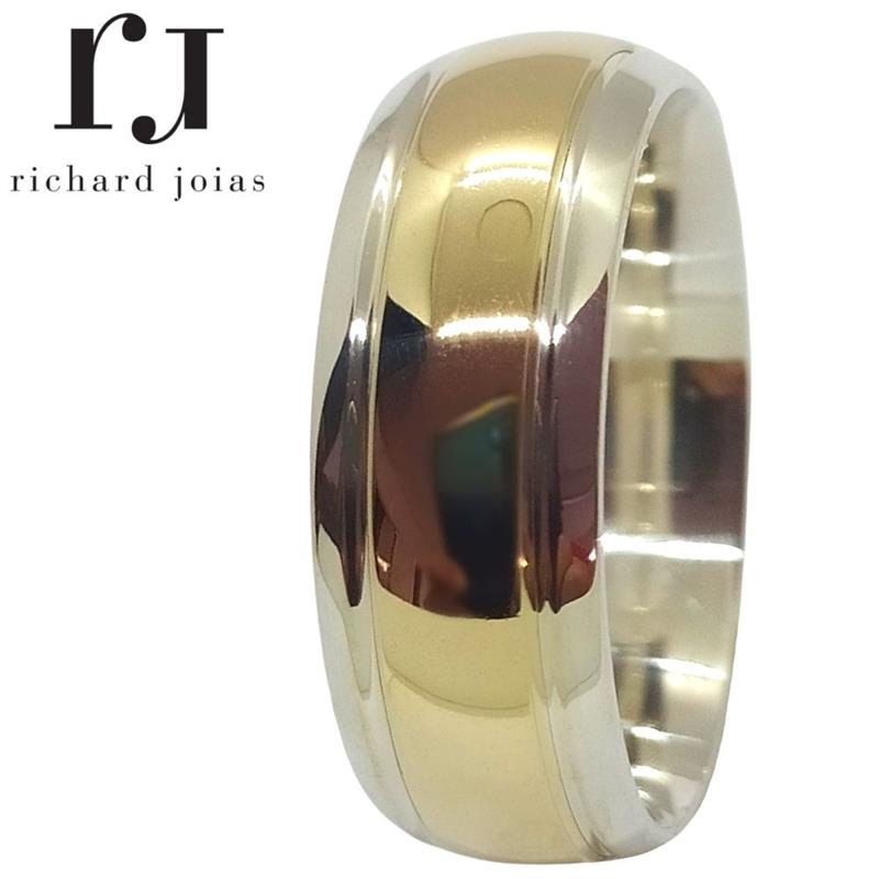 ALIANÇA DE PRATA C/CHAPA DE OURO 10K 8,0MM ABAULADA LISA