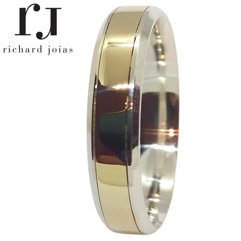 ALIANÇA DE PRATA C/CHAPA DE OURO 10K 5,0MM *ANATÔMICA CHANFRADA