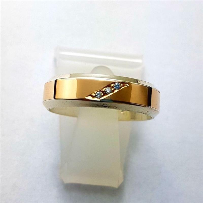 ALIANÇA DE PRATA C/CHAPA DE OURO 10K 5,0MM *ANATÔMICA CHANFRADA C/03 PEDRAS (FAZ PAR FEF-117)