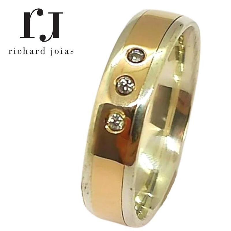 ALIANÇA DE PRATA C/CHAPA DE OURO 10K 5,0MM *ANATOMICA C/03 PEDRAS