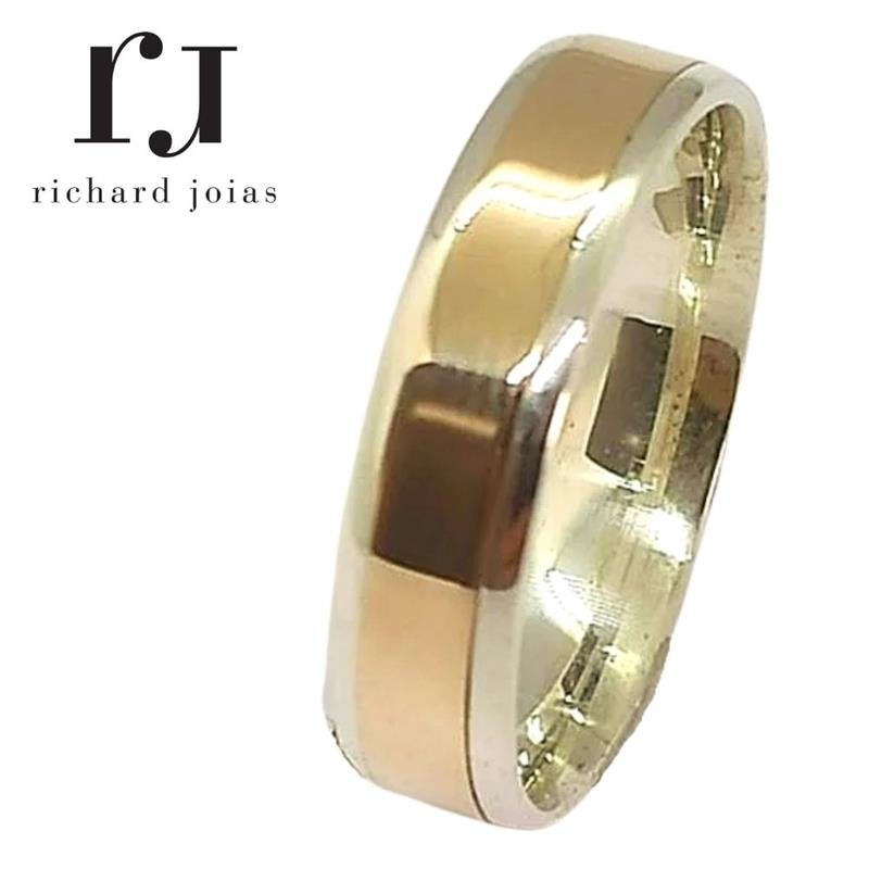 ALIANÇA DE PRATA C/CHAPA DE OURO 10K 5,0MM *ANATÔMICA