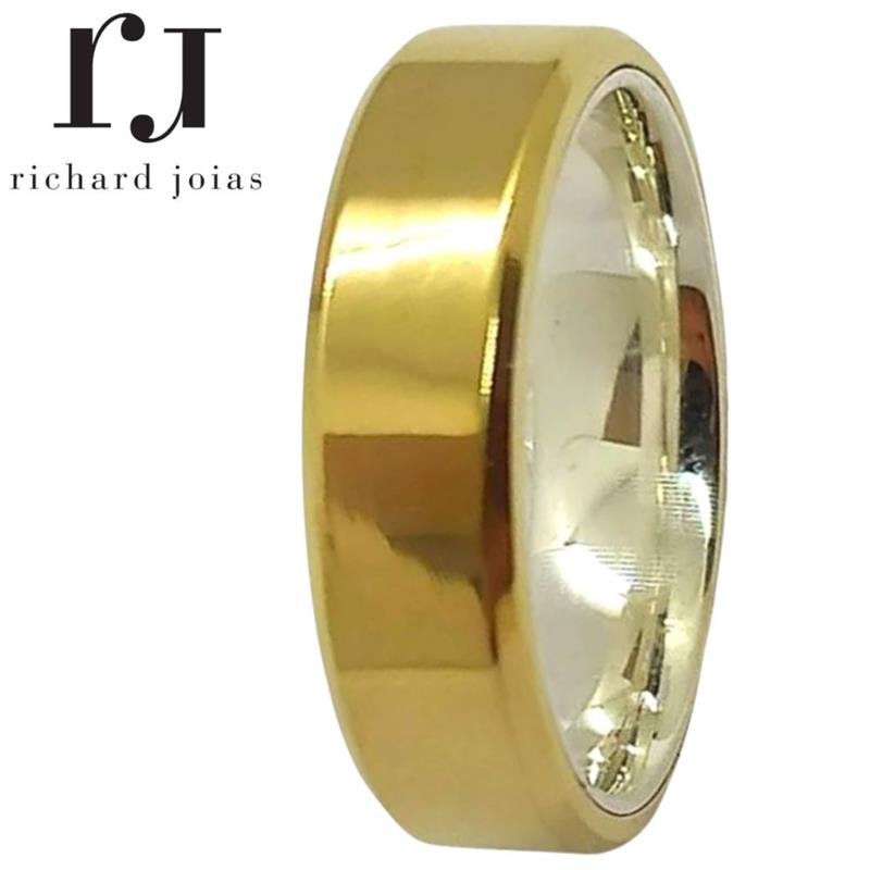 ALIANÇA DE MOEDA C/FORRO DE PRATA 6,0MM ANATÔMICA QUADRADA CHANFRADA