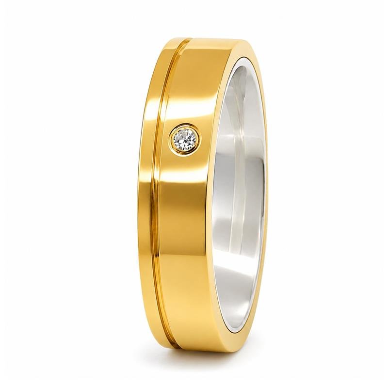 ALIANÇA DE MOEDA C/FORRO DE PRATA 6,0MM ANATÕMICA QUADRADA 01 FRISO 0,50 LATERAL E 01 PEDRA