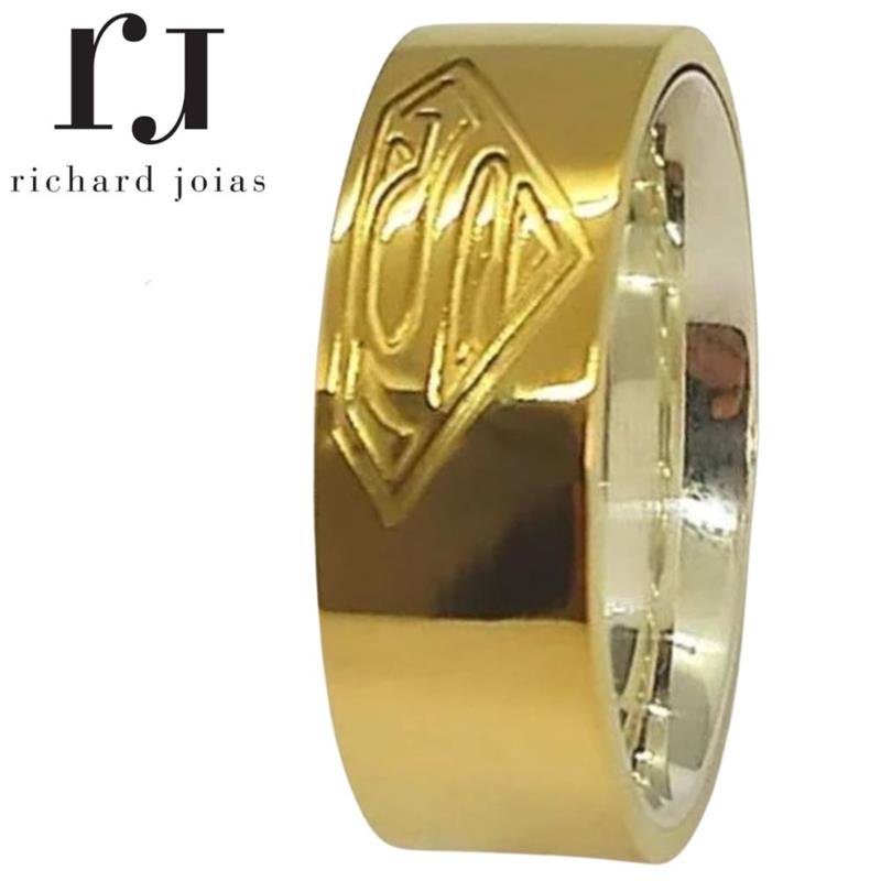 ALIANÇA DE MOEDA C/FORRO DE PRATA 8MM ANATÔMICA QUADRADA SIMBOLO DO SUPERMAN