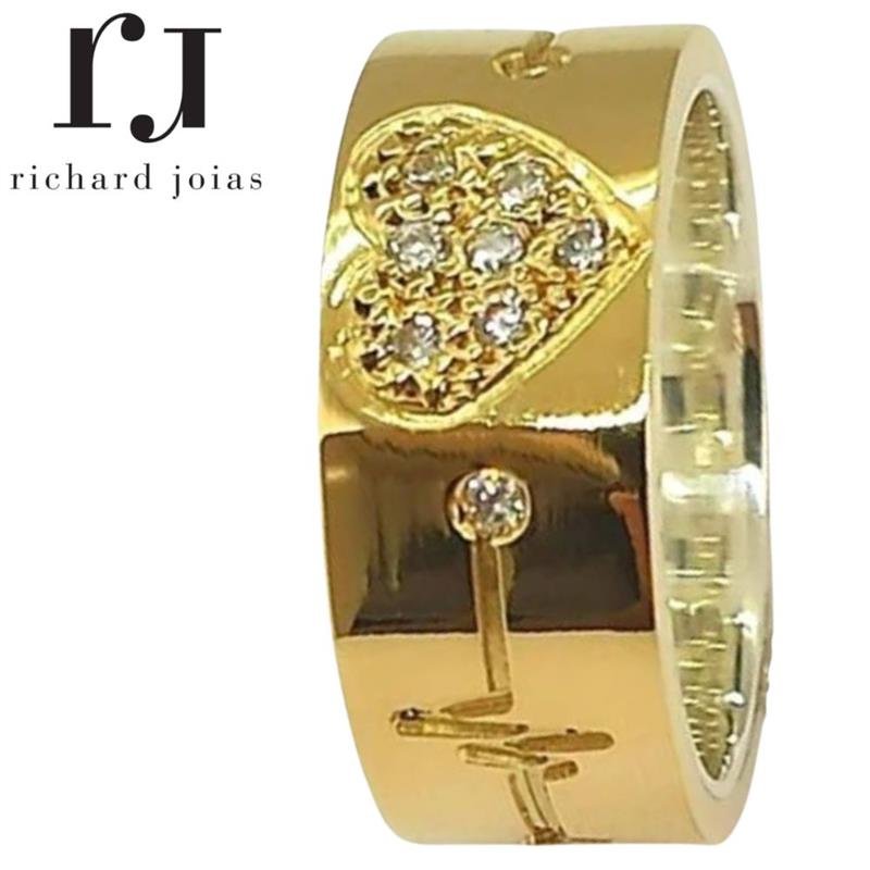 ALIANÇA DE MOEDA C/FORRO DE PRATA 8MM QUADRADA INTERNO CORAÇÃO CRAVEJADO BATIMENTOS E 09 PEDRAS