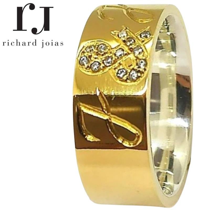 ALIANÇA DE MOEDA C/FORRO DE PRATA 8,0MM ANATÔMICA QUADRADA PERSONALIZADO CRAVEJADO 13 PEDRAS E GRAVAÇÃO DE LETRAS