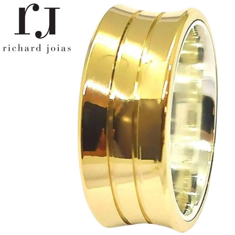 ALIANÇA DE MOEDA C/FORRO DE PRATA 10MM ANATÔMICA CÔNCAVA E 02 FRISOS DE 0,50