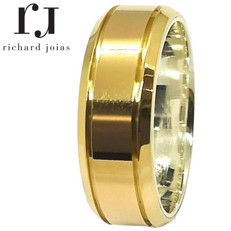 ALIANÇA DE MOEDA C/FORRO DE PRATA 8,0MM QUADRADA INTERNO RETO CHANFRADA E 02 FRISO 0,50