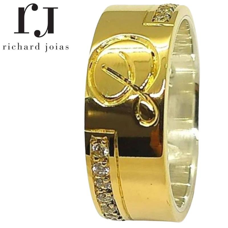 ALIANÇA DE MOEDA C/FORRO DE PRATA 8MM QUADRADA INTERNO RETO PERSONALIZADA FRISO E 22 PEDRAS