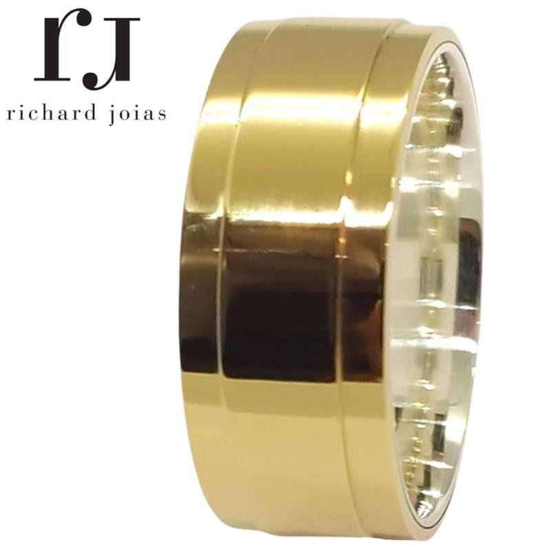 ALIANÇA DE MOEDA C/FORRO DE PRATA 10MM ANATÔMICA QUADRADA CENTRO FOSCO E 02 FRISOS 0,50