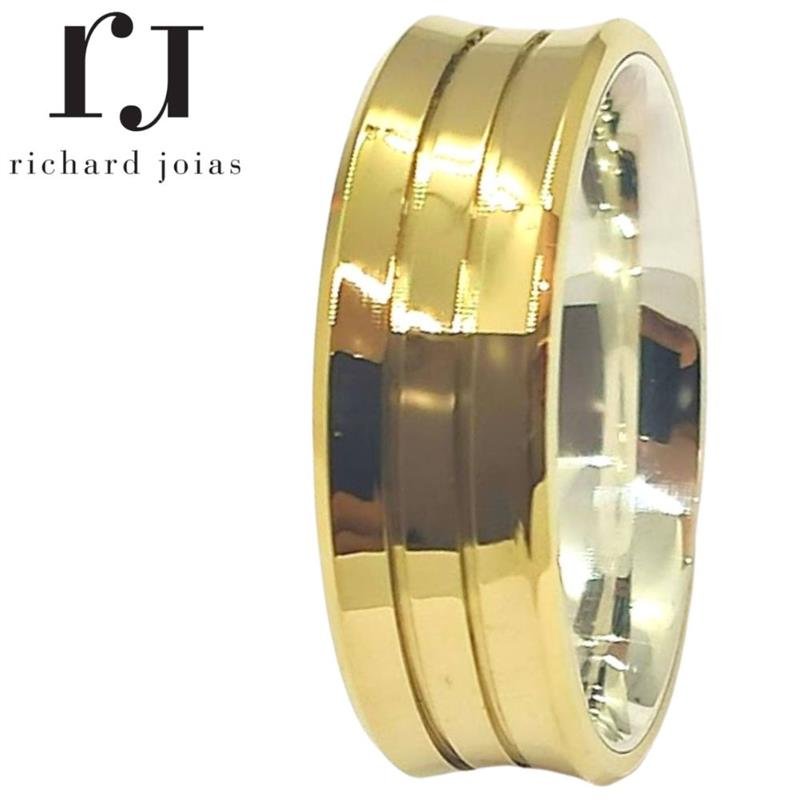 ALIANÇA DE MOEDA C/FORRO DE PRATA 8MM ANATÔMICA CÔNCAVA E 02 FRISO 0,50