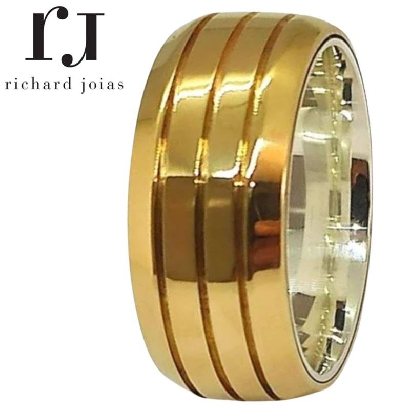 ALIANÇA DE MOEDA C/FORRO DE PRATA 10MM ANATÔMICA ABAULADA E 03 FRISOS 0,50