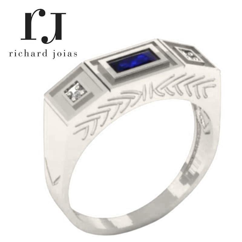 ANEL DE PRATA MASCULINO DE PEDRA CENTRAL BAGUETE 3X6