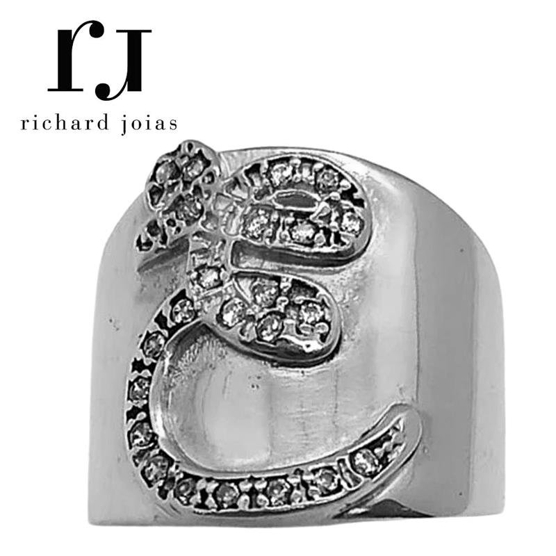 ANEL DE PRATA LETRA E C/22 PEDRAS