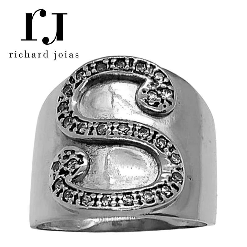 ANEL DE PRATA LETRA S C/22 PEDRAS