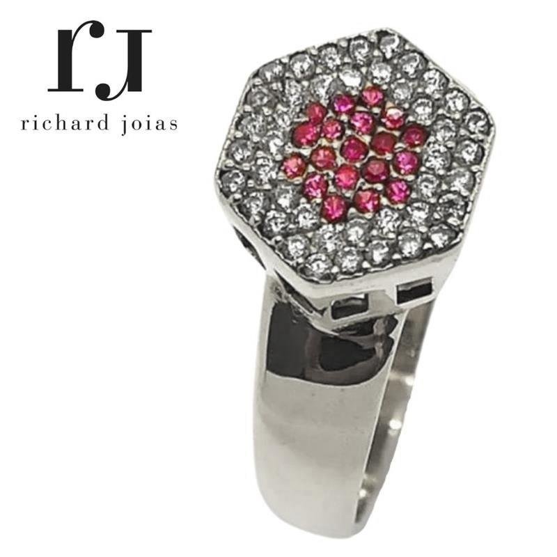 ANEL DE PRATA CHUVEIRO MUDA COR DO CENTRO C/42 PEDRAS