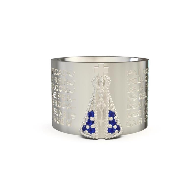 ANEL DE PRATA 13MM PAI NOSSO C/ NOSSA SENHORA APARECIDA DE 08 PEDRAS