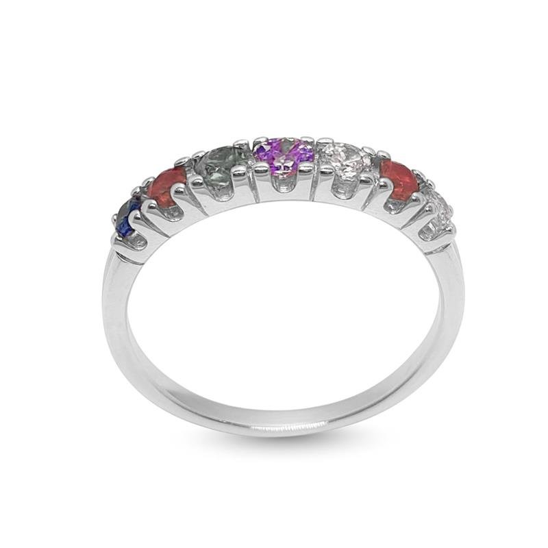 ANEL DE PRATA MEIA ALIANÇA C/07 PEDRAS COLORIDAS DE 3,0MM