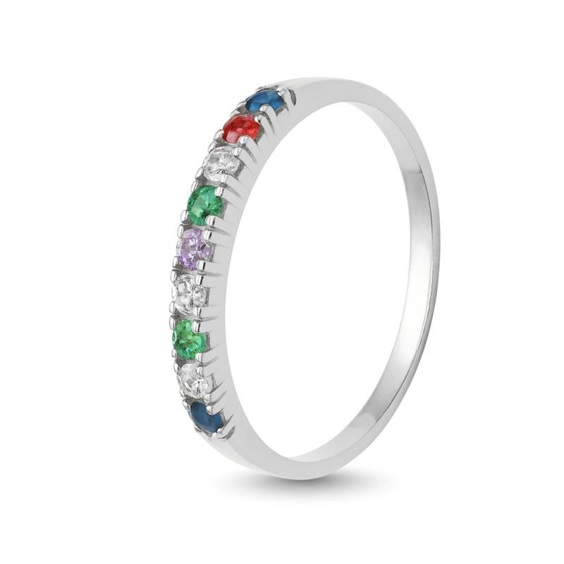 ANEL DE PRATA MEIA ALIANÇA C/ PEDRAS COLORIDAS