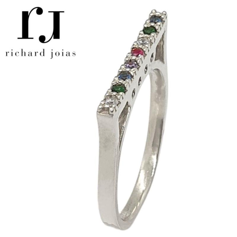 ANEL DE PRATA QUADRADO C/08 PEDRAS COLORIDAS