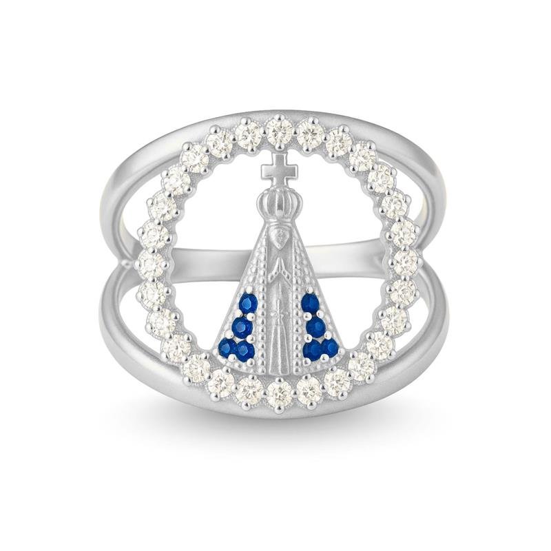 ANEL DE PRATA NOSSA SENHORA APARECIDA C/ 36 PEDRAS-MUDA COR DA ROUPA