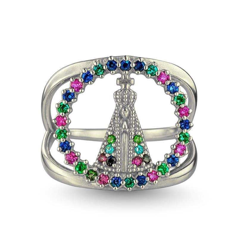 ANEL DE PRATA NOSSA SENHORA APARECIDA C/36 PEDRAS COLORIDO