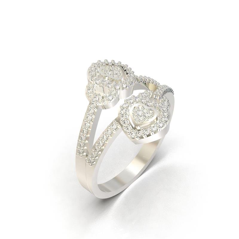 ANEL DE PRATA 925 A 950 DOIS CORAÇÕES / COM 78 PEDRAS DE 1,0MM