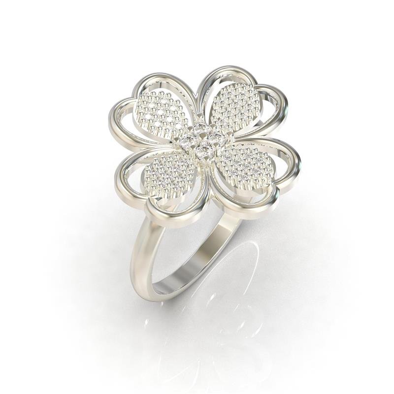 ANEL DE PRATA 925 A 950 FLOR COM PETALAS CRAVEJADA / 32 PEDRAS DE 1,0MM E 4 PEDRAS CENTRAIS DE 1,75MM