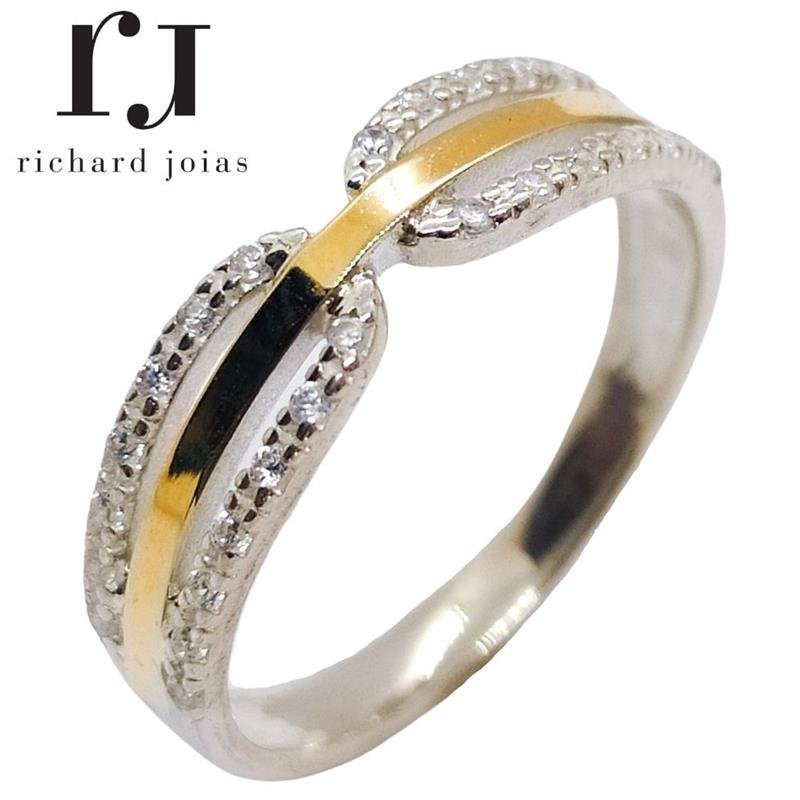 ANEL DE PRATA C/FILETE OURO 10KL E 28 PEDRAS