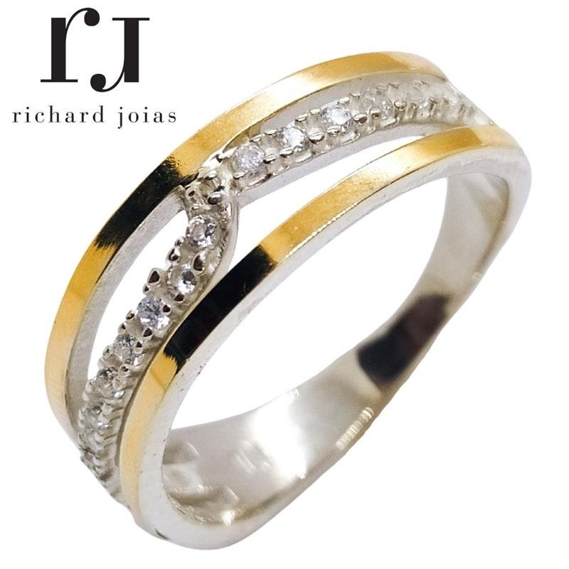 ANEL DE PRATA C/FILETE OURO 10KL E 20 PEDRAS