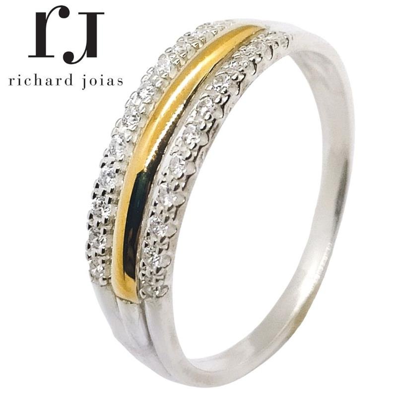 ANEL DE PRATA C/FILETE OURO 10KL E 22 PEDRAS