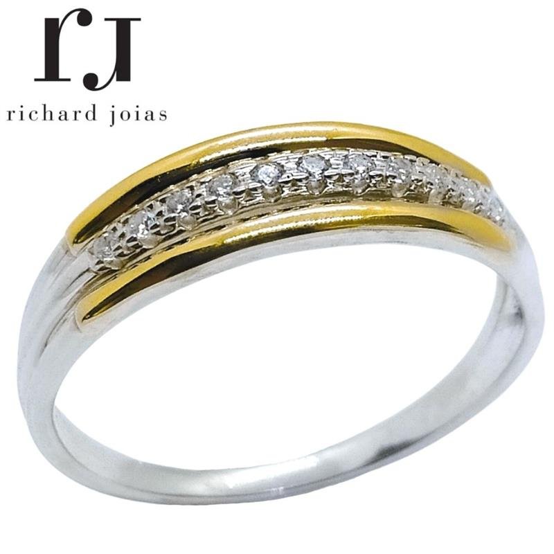 ANEL DE PRATA C/FILETE OURO 10KL E 11 PEDRAS