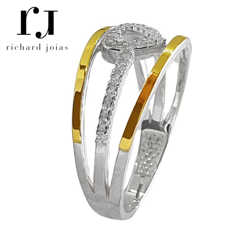 ANEL DE PRATA C/FILETE OURO 10KL CORAÇÃO C/29 PEDRAS