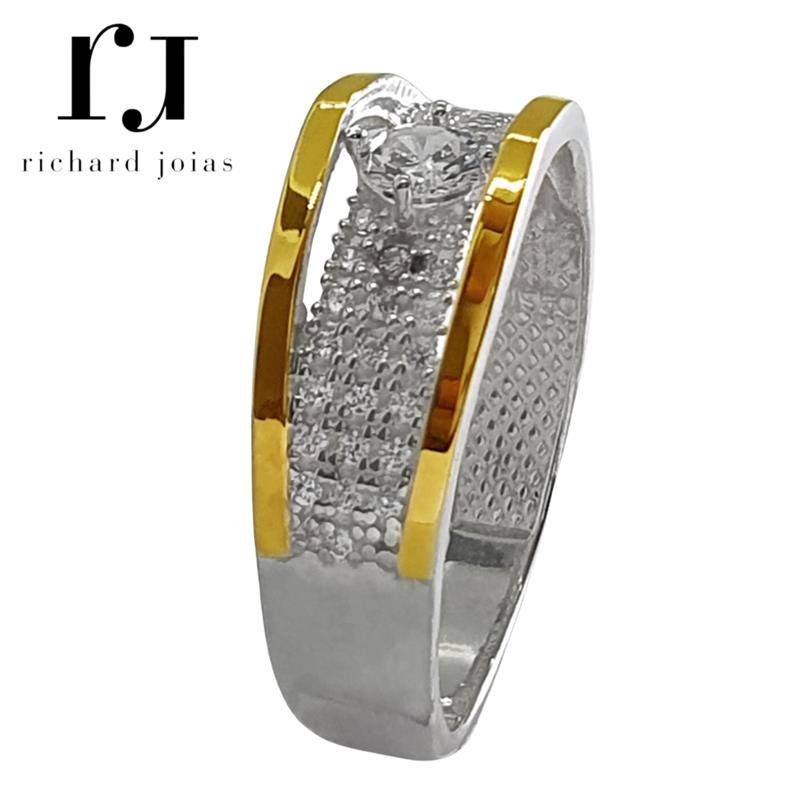 ANEL DE PRATA C/FILETE OURO 10KL C/01 PEDRA 4MM E 52 PEDRAS 1MM