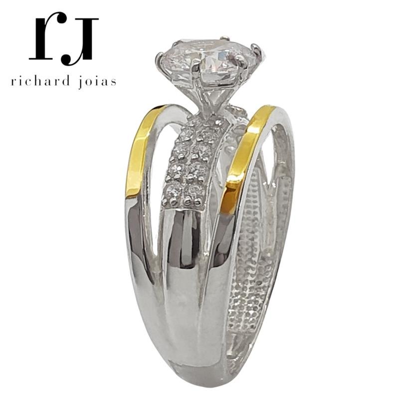 ANEL DE PRATA C/FILETE OURO 10KL C/01 PEDRA 7MM E 20 PEDRAS 1,5MM