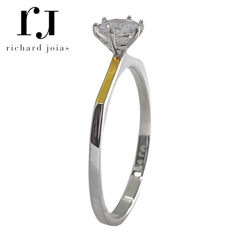 ANEL DE PRATA C/FILETE OURO 10KL SOLITÁRIO C/01 PEDRA 5MM